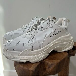 Size 10- Balenciaga Triple S Sneaker Allover Logo - White